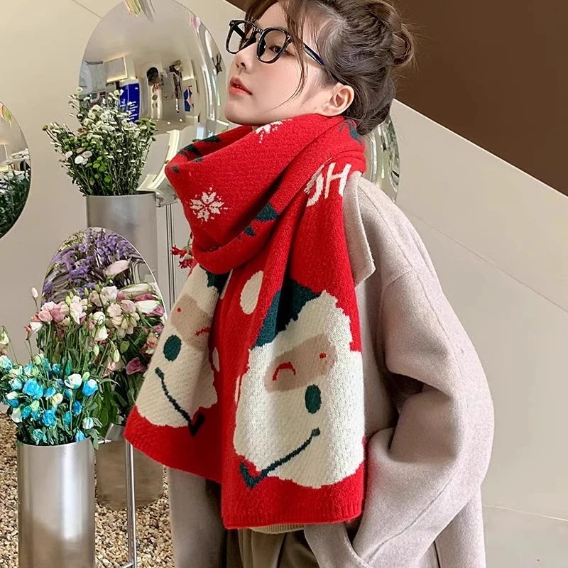 红色圣诞老人围巾女生冬季高级感韩版时尚百搭新年礼物针织围脖潮