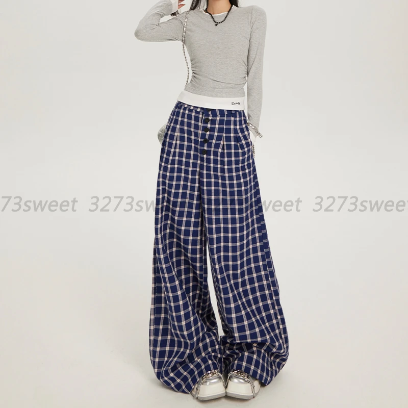 蓝色格子阔腿裤女秋季2025新款宽松高腰显瘦垂感拖地休闲裤子春秋