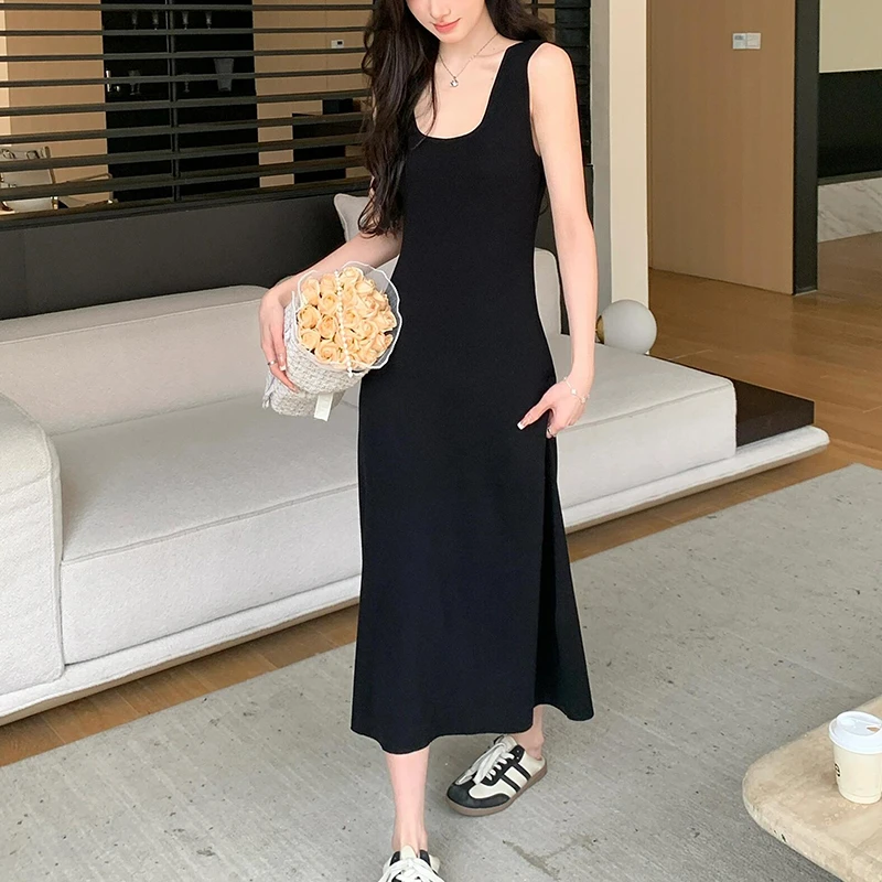 法式黑色无袖连衣裙高级感吊带背心女夏季收腰a字长裙小个子内搭