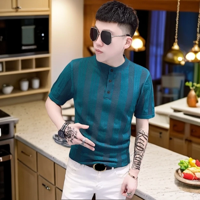 夏季新款立领针织衫薄款短袖t恤潮牌男士镂空纯色修身半袖polo衫