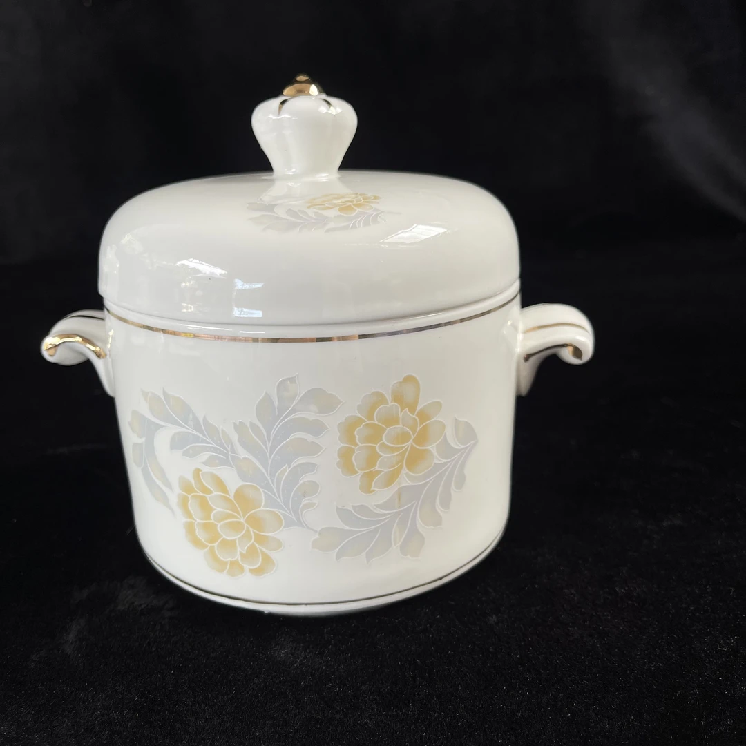 欧式满花描金牡丹花双盖炖盅容量约600cc可做猪油罐陶瓷罐储物罐