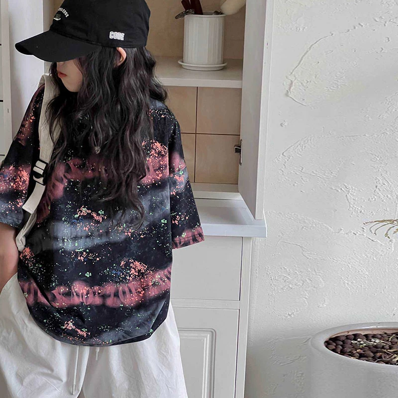 K26278扎染女童短袖T恤2025夏装新款儿童半袖宽松休闲上衣夏天潮t