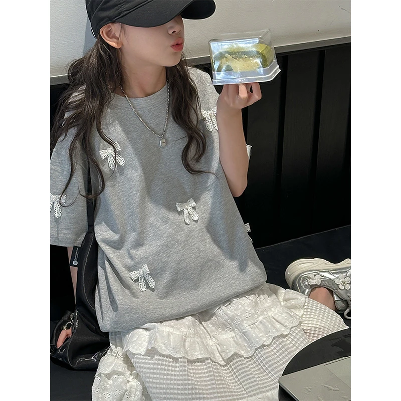 K26506女童夏装短袖T恤儿童上衣2025新款大童宽松休闲半袖打底衫t