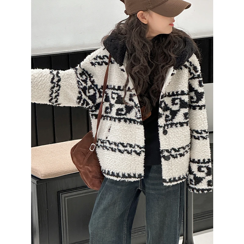 K27876撞色女童外套2025新款秋冬装休闲洋气儿童毛毛衣服保暖时髦