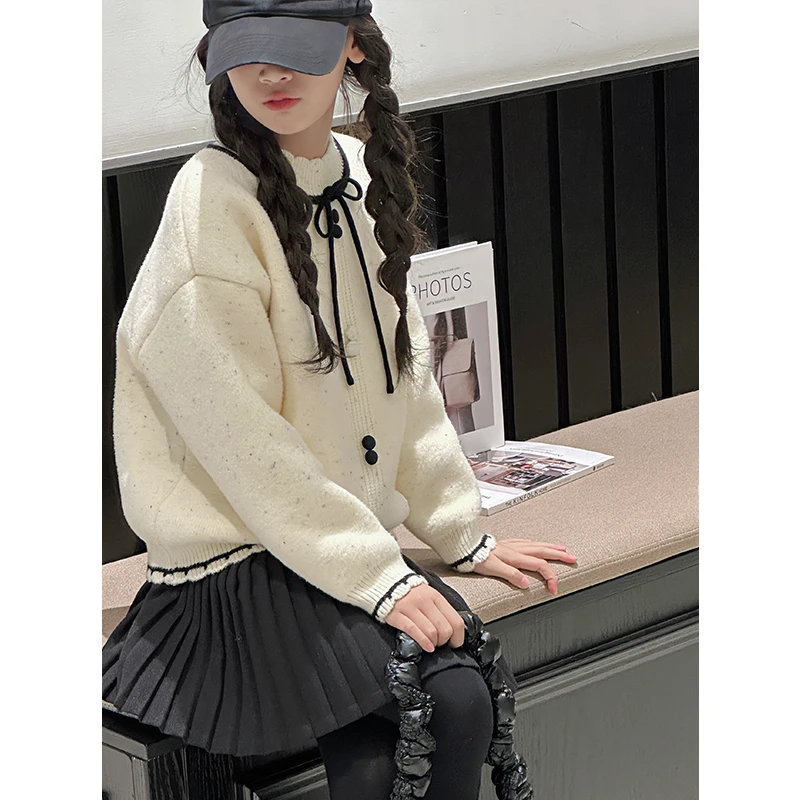 K27981花边女童半高领毛衣针织衫2025秋冬装新款儿童打底上衣休闲