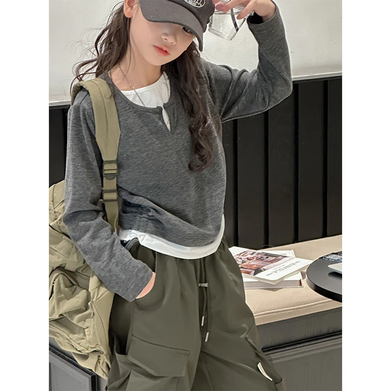 K27129孙小美假两件女童T恤2025新款秋冬装加绒加厚打底衫潮t