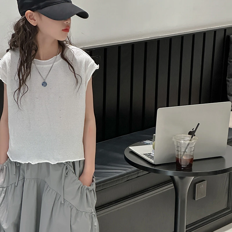 K26410高端亮钻女童夏装短袖T恤2025新款儿童上衣女大童花边小衫