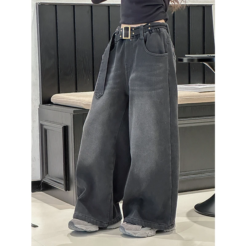 K27471孙小美女童牛仔裤秋冬加绒加厚高腰裤子2025新款休闲裤