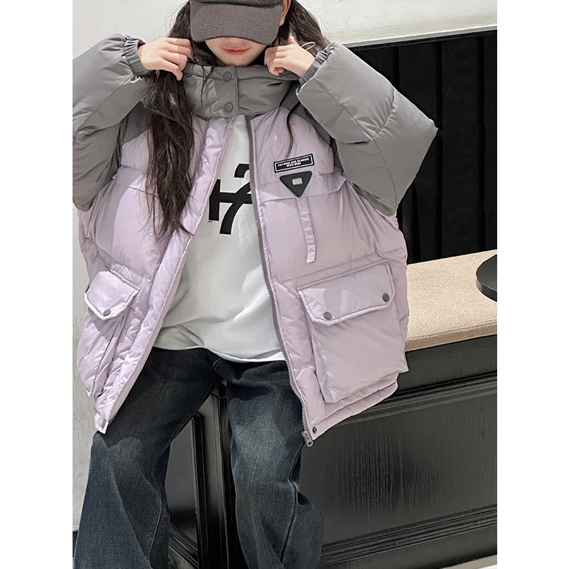 K27831拼接女童羽绒服2025新款冬装儿童加厚保暖连帽外套时髦