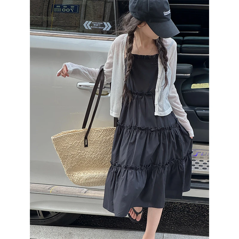 K25742韩国女童套装2025新款夏季儿童开衫吊带裙两件套女孩连衣裙