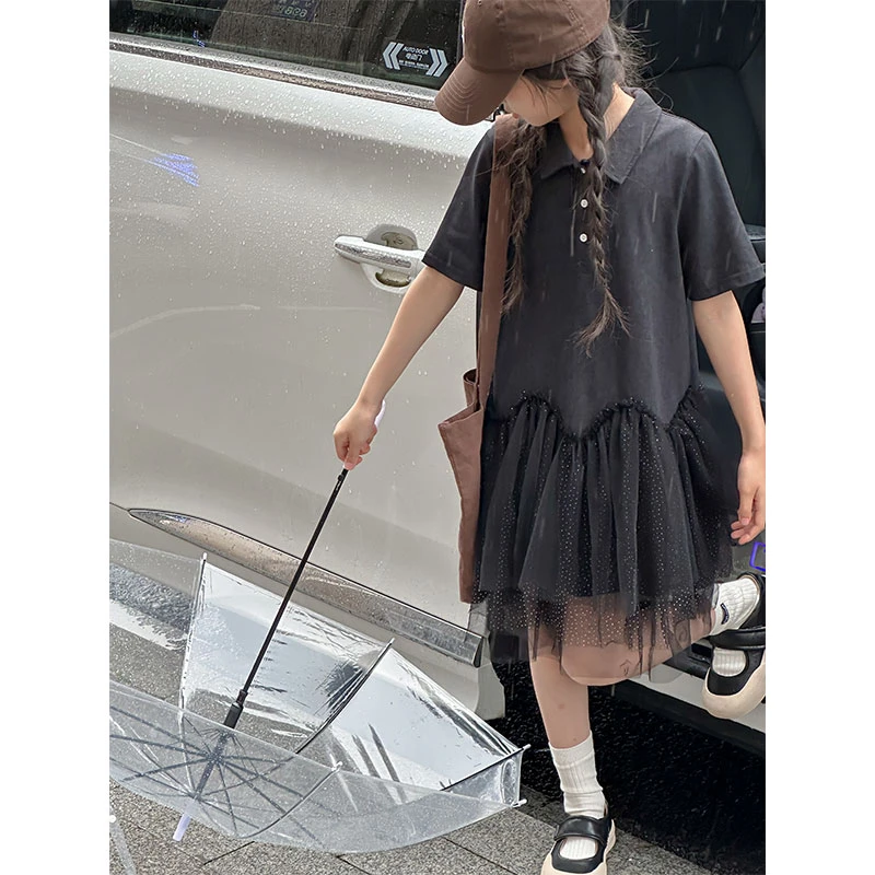 K26438细闪亮片女童夏季连衣裙2025新款短袖裙子女孩纱裙A字裙潮
