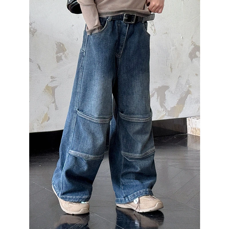 K27257孙小美拼接女童秋冬加绒加厚牛仔裤2025新款儿童拖地裤