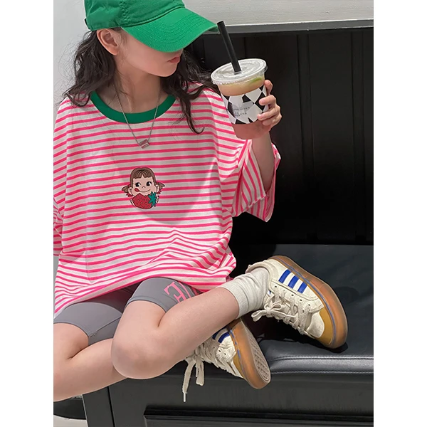 K23666韩国童装女童T恤儿童短袖上衣2025夏装新款女大童条纹衣服t