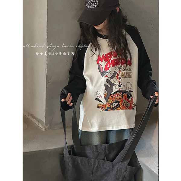 K24424韩国童装女童秋季T恤长袖上衣2025儿童春秋插肩袖衣服潮t
