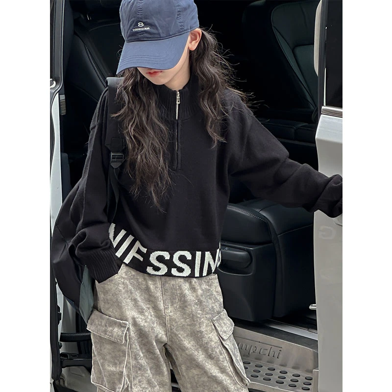 K27288孙小美半拉链女童毛衣秋冬儿童短款上衣2025新款针织衫