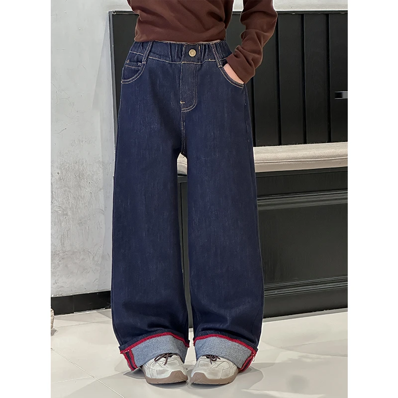 K27491孙小美翻边女童牛仔裤加绒加厚秋冬装2025新款直筒裤子
