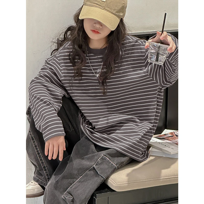 K27152女童T恤秋冬装儿童加绒加厚条纹休闲上衣2025新款打底衫潮t