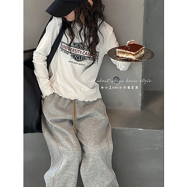 K24692韩国童装女童木耳边T恤打底衫新款加绒加厚秋冬装长袖上衣t