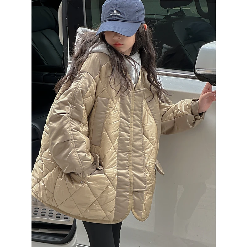 K27435孙小美KIDS女童拼接连帽棉服2024新款秋冬加厚保暖棉衣外套
