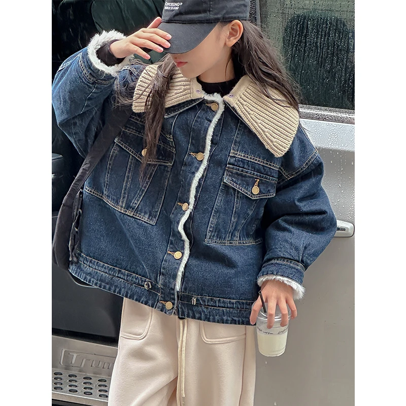 K27577孙小美拼接女童牛仔外套2025新款秋冬装加绒加厚上衣潮