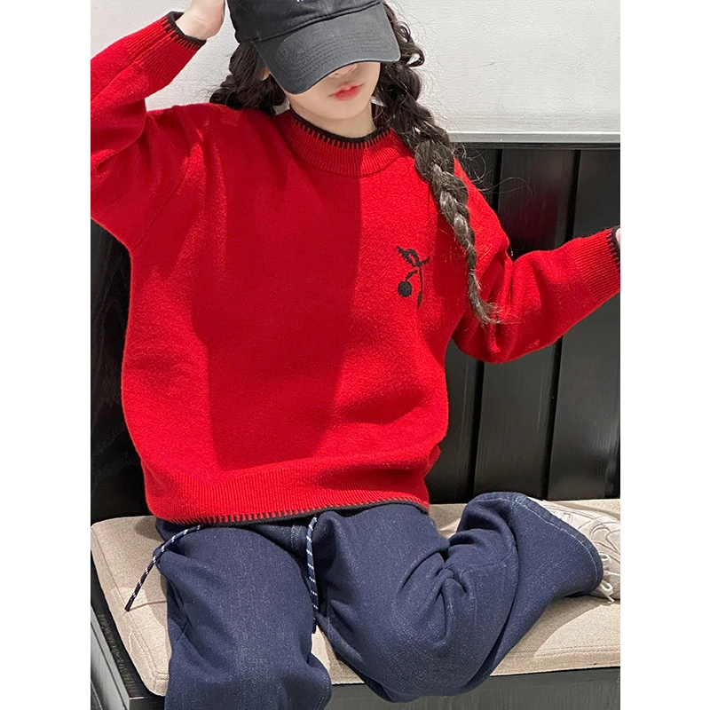 K27882提花女童毛衣针织衫2025新款秋冬装红色打底衫加厚大童年装