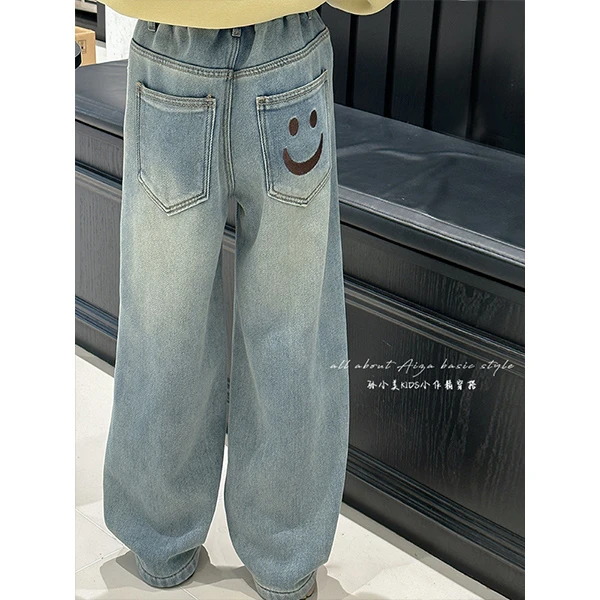 K25548女童加绒牛仔裤儿童加厚裤子2025秋冬季新款女大童直筒裤潮