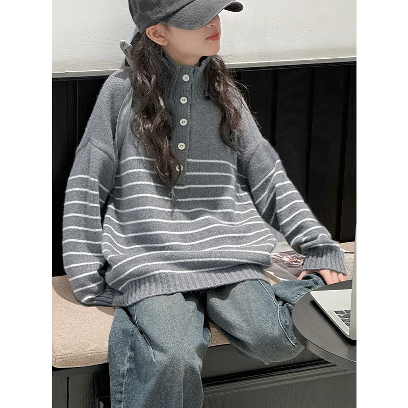 K27854半高领女童毛衣2025新款秋冬装儿童条纹上衣洋气大童针织衫