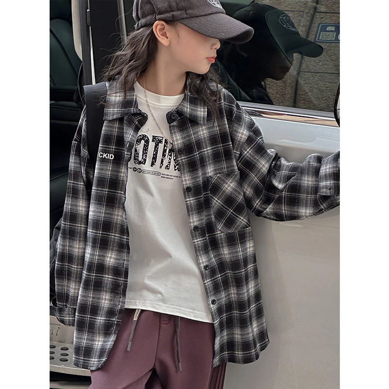 K27222孙小美女童格子衬衫两件套装2025新款春秋装大童衣服潮