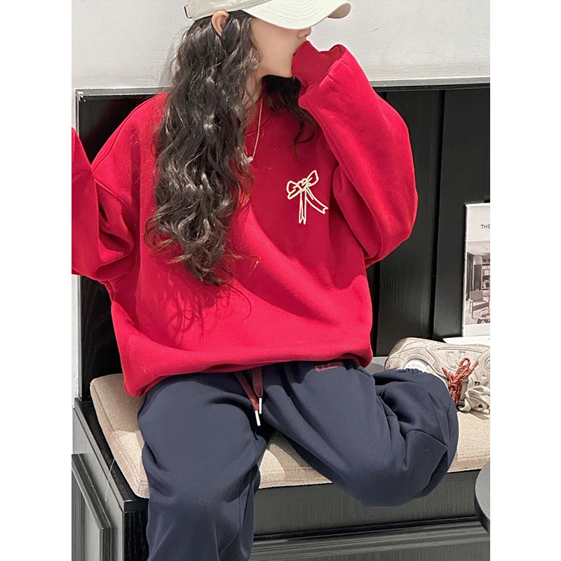 K27907女童圆领卫衣2025秋冬装新款儿童上衣加绒加厚宽松衣服时髦