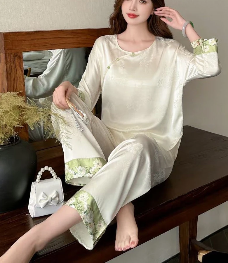 新中式国风冰丝睡衣套装女春夏季提花薄款高级感家居服可外穿网红