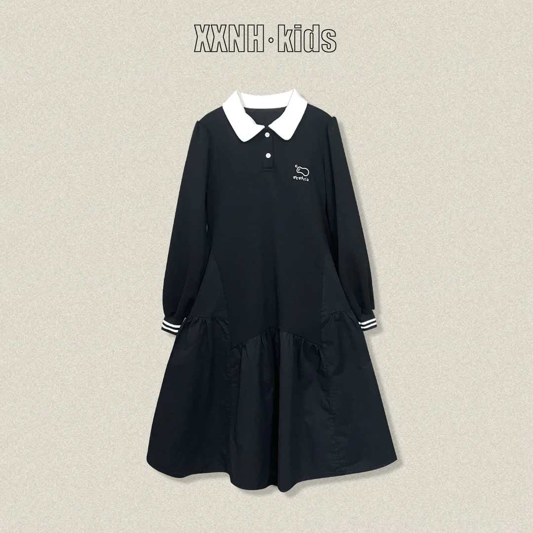 女童裙子长袖时尚休闲黑色学院风秋款显瘦秋季新款连衣裙