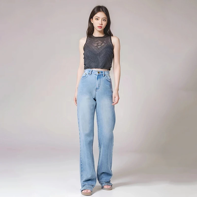 集也百搭水洗休闲破洞牛仔裤春秋2024新款浅蓝高腰宽松阔腿长裤