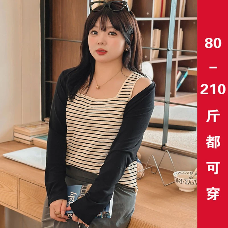 大码女装方领针织衫女上衣2025春胖mm条纹打底内搭宽肩吊带背心