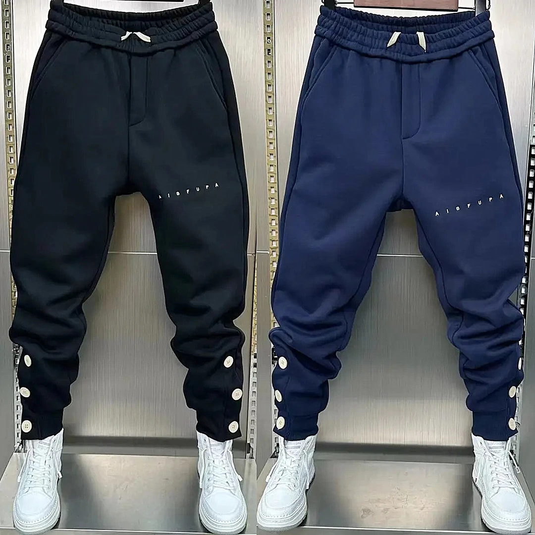冬季加绒字母刺绣三粒扣束脚休闲裤男士潮流百搭宽松哈伦运动卫裤