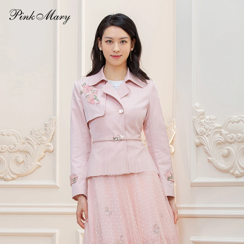 Pink Mary/粉红玛琍外套女通勤收腰粉色网纱压褶风衣PMALW6611