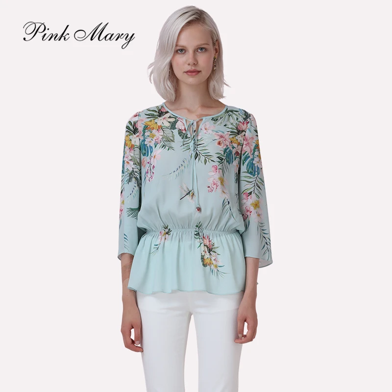 Pink Mary/粉红玛琍印花雪纺衫上衣女圆形系领七分袖PMAJS1051