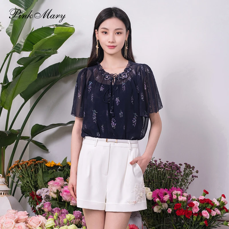 Pink Mary/粉红玛琍小衫女夏季时尚印花短袖两件套上衣PMALS1031
