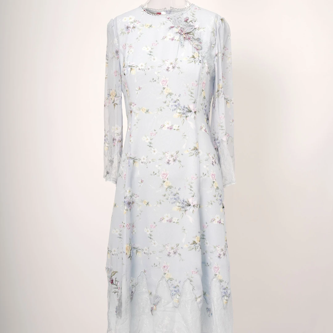 Pink Mary/粉红玛琍钉珠蕾丝绣花蕾丝袖气质连衣裙TMANS5539