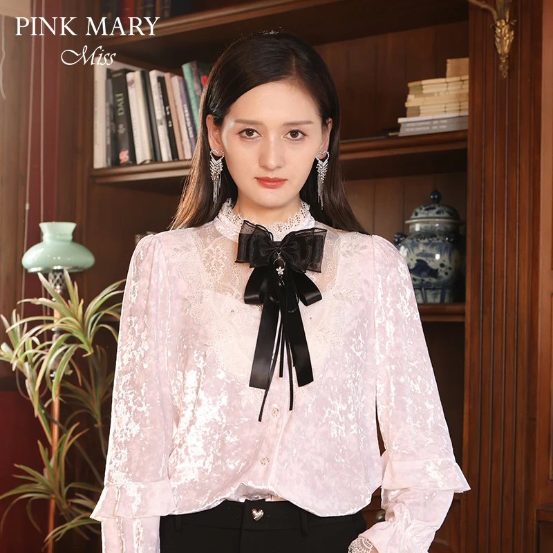 Pink Mary Miss气质百搭长袖设计感甜美撞色上衣PMMMW1008