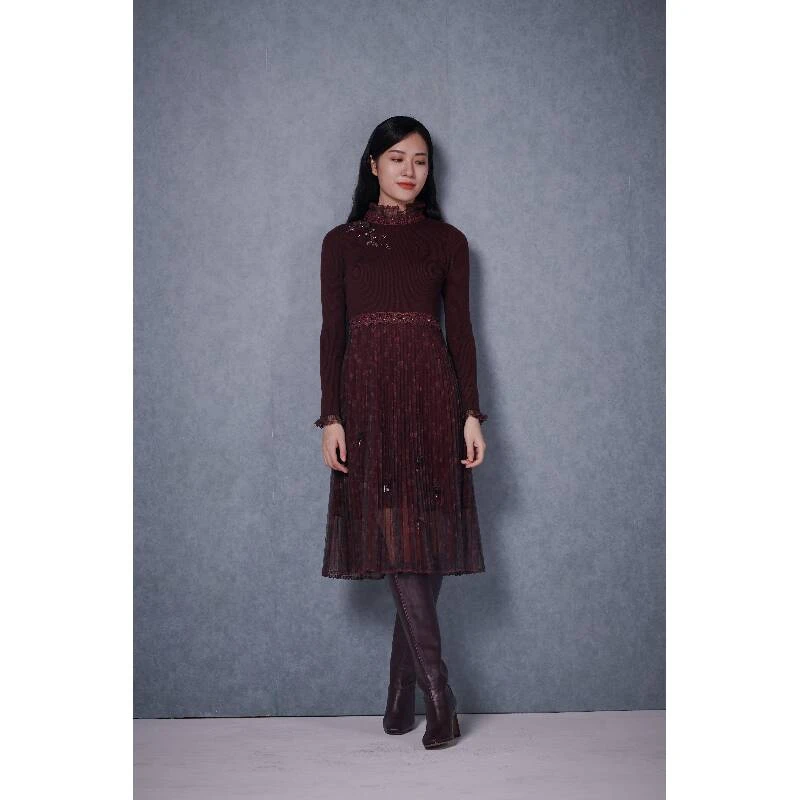 Pink Mary/粉红玛琍新款修身提花拼接连衣裙PMAKW8807