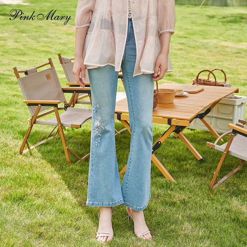 Pink Mary/粉红玛琍牛仔裤女春季新款时尚蓝色微喇长裤PMANS2006