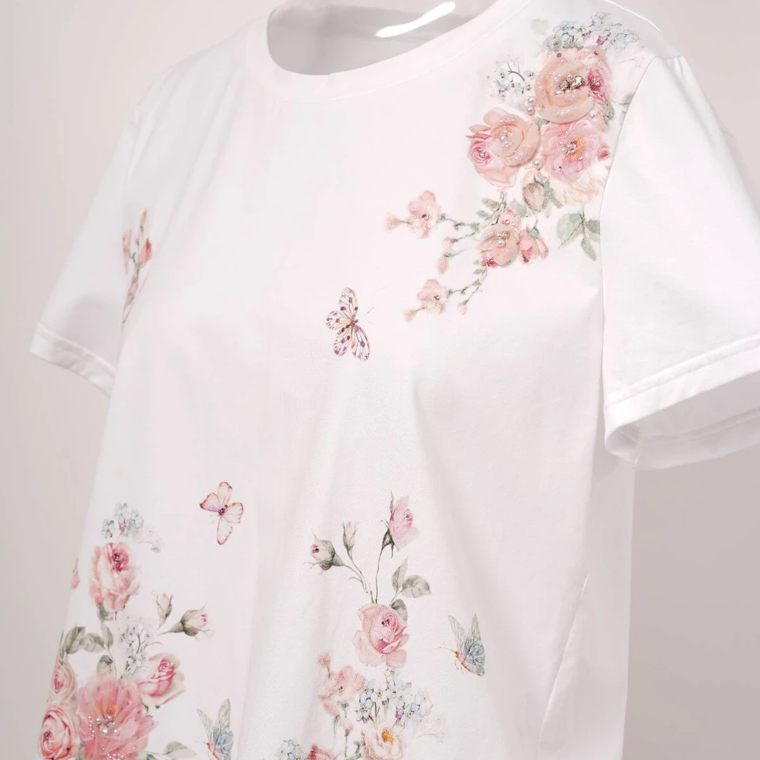 Pink Mary/粉红玛琍t恤夏季女士绣花TMANS1513