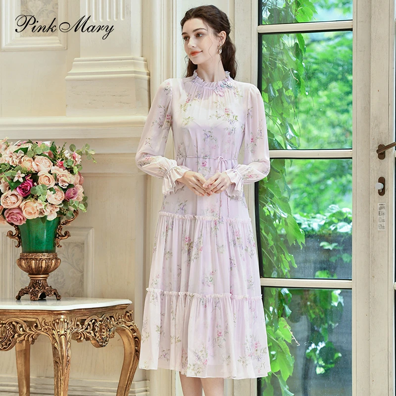 Pink Mary/粉红玛琍连衣裙钉珠绣花褶皱气质女装连衣裙PMANW5502