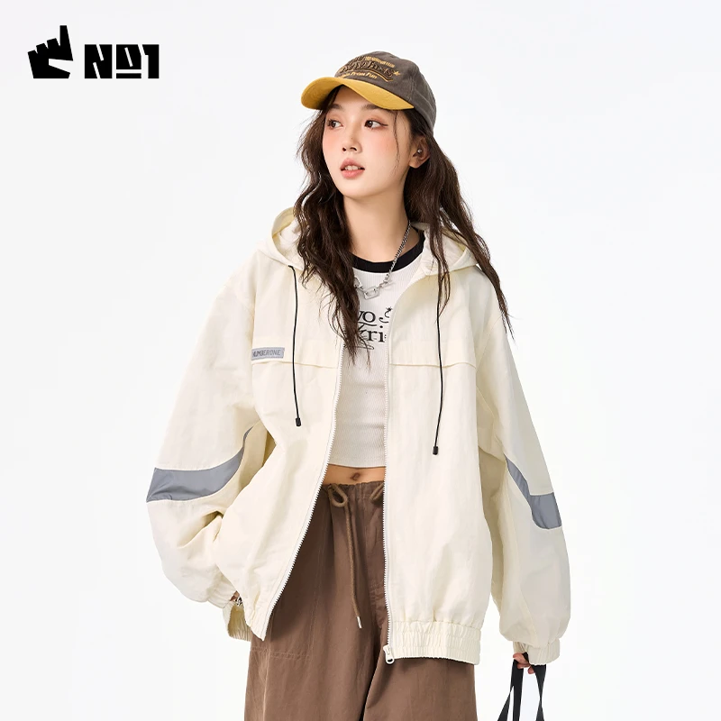 南波万机能风纯色拼接反光条梭织连帽夹克外套女新款春秋