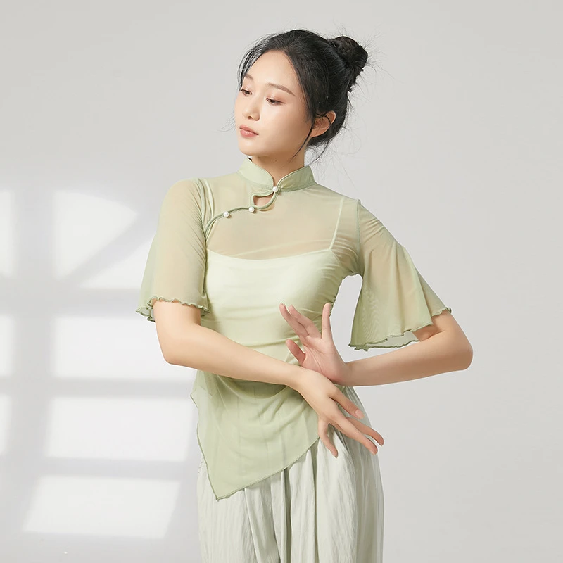 0231喇叭袖旗袍领纱衣古典舞服装飘逸身韵练功服中国仙气网纱上衣
