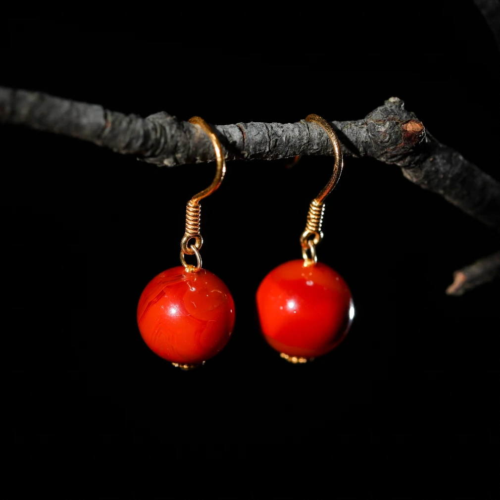 【意婵】《眷恋》典藏级原矿牛血红南红耳饰18K金-906792