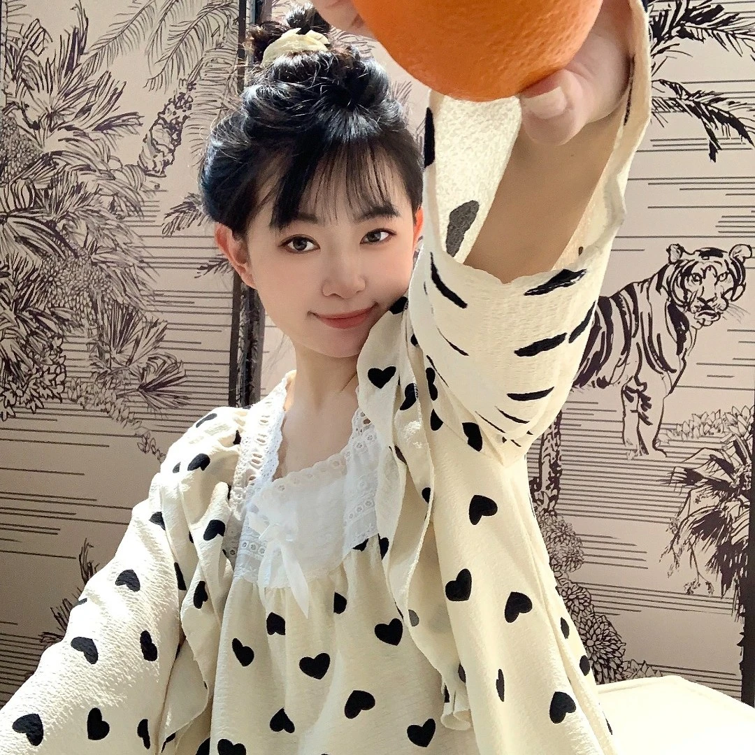 春夏新款甜美网红百搭斑点爱心花边设计泡泡绉棉女士睡衣家居服