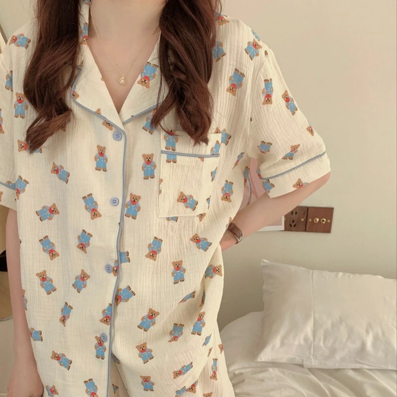 夏季新款甜美蓝色小熊睡衣家居服套装薄款宽松泡泡绉棉女士家居服