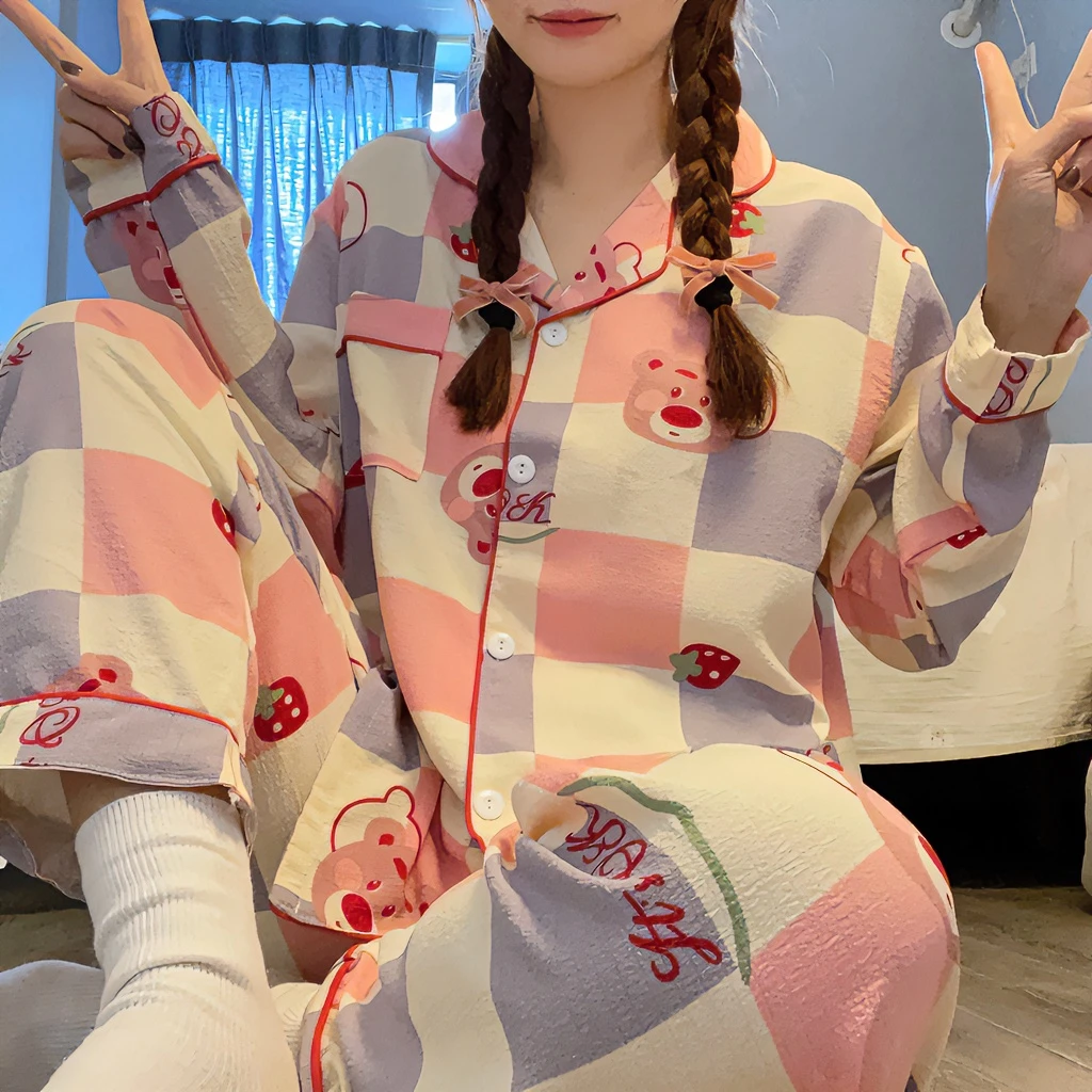 秋冬新款is格子草莓熊系列睡衣家居服套装厚款宽松休闲女士家居服
