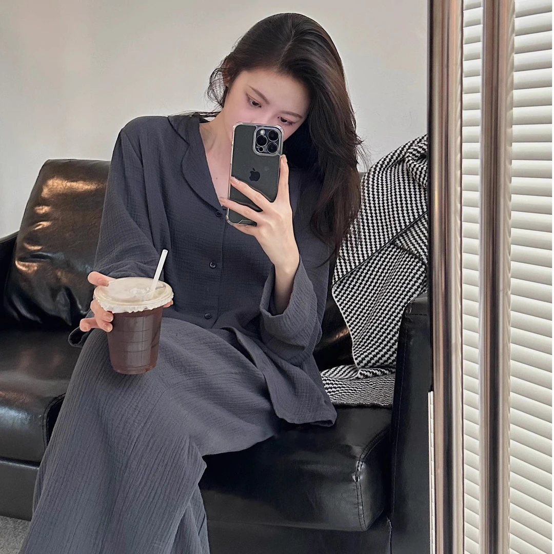秋冬新款高级纯色系列少女睡衣家居服套装薄款宽松休闲女士家居服